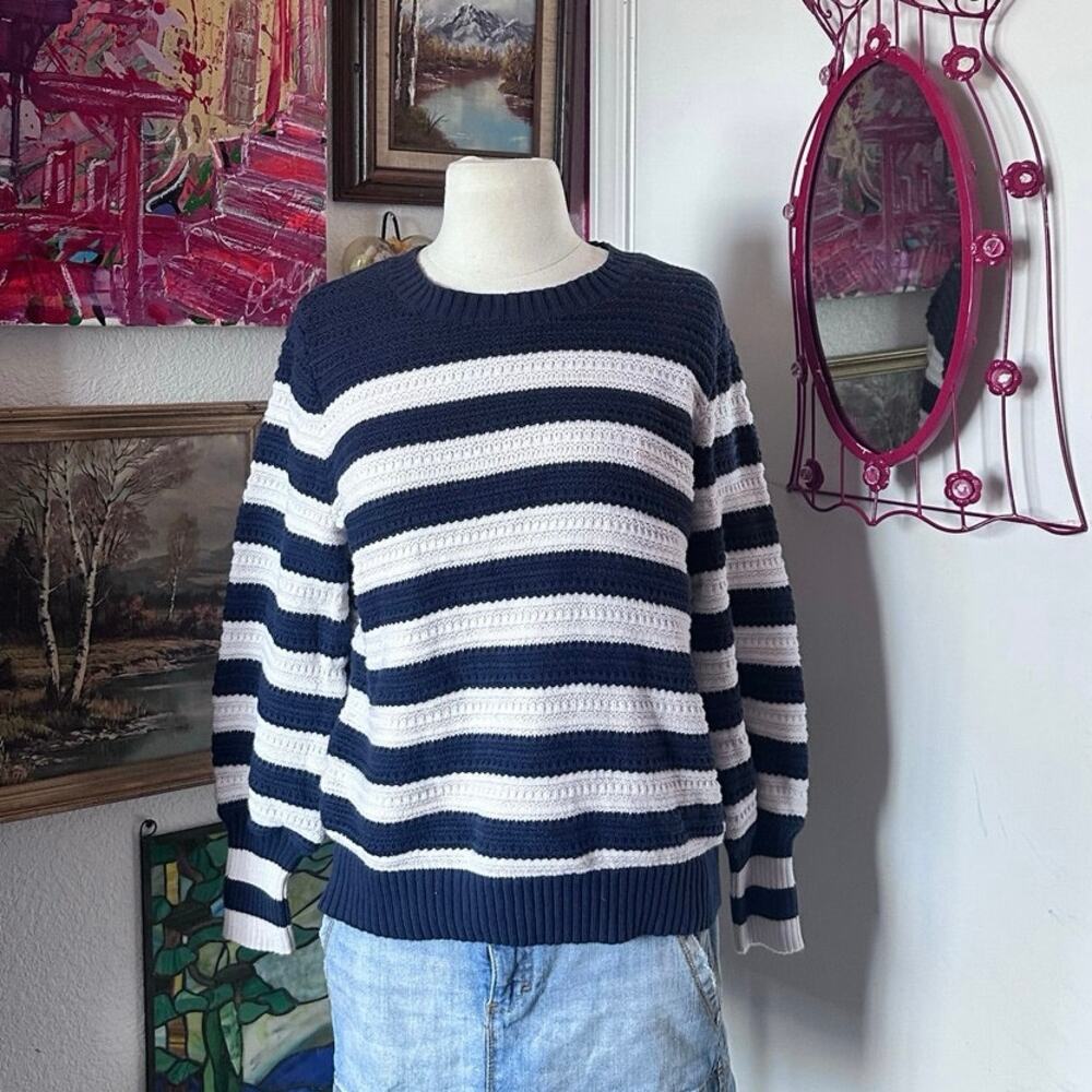 loft blue white striped knit long sleeve sweater